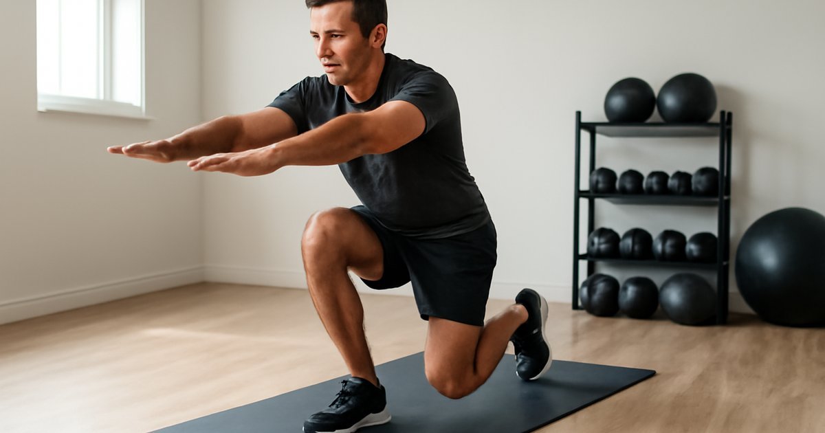 Adult performing a single-leg balance exercise on a yoga mat in a bright home gym